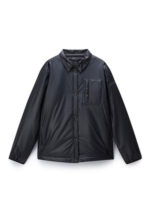 Black, padded jacket with a collared neckline, front button closure, and a chest pocket. Smooth, shiny texture with long sleeves.