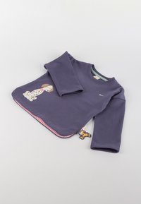 Purple long-sleeve sweatshirt with a dog design on the front, featuring a striped hem and a playful dog zipper pull. Soft, cotton material.