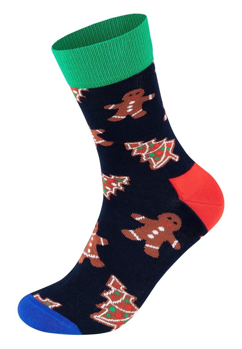 Calcetines marinos con puño acanalado verde, talón rojo y puntera azul. Presentan un patrón festivo con hombres de jengibre y árboles de Navidad.