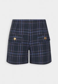 Navy blue plaid shorts with light blue and brown check patterns; features two gold button accents on front pockets and tailored design.