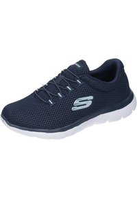 Navy mesh athletic shoe with white sole, rounded toe, stretchy laces, and a subtle light blue logo on the side.