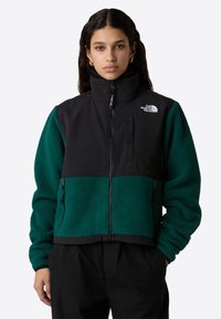 Giacca nera e teal con zip e colletto alto, realizzata in tessuto pile, con tasche con zip e dettaglio logo sul petto.
