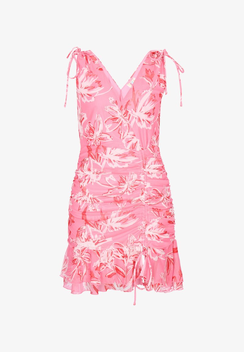 Robe rose sans manches avec fronces, bretelles ajustables à nouer et motif floral rouge, dotée d'un ourlet volanté et d'un décolleté en V.