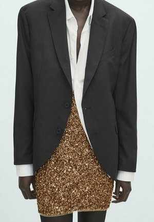 Person iført en sort blazer over en hvid skjorte med knapper og et glitrende guld palietnederdel.