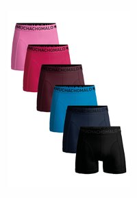 Six pairs of boxers in varying colors: pink, dark pink, burgundy, blue, navy, and black. Each features a black waistband with "MUCHACHOMALO" text.