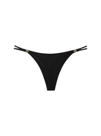 Czarny thong z regulowanymi podwójnymi paskami po bokach, z metalicznym akcentem. Wykonany z gładkiego materiału, ma minimalistyczny design.