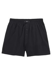 Zwarte katoenen boxershorts met een elastische tailleband, voorzien van een knopenfly en twee knopen, met een gladde textuur en zonder extra patronen.