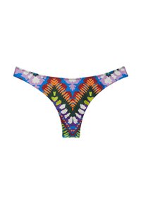 Kleurrijke bikini onderkant met een geribbelde textuur, bloemmotieven in tinten blauw, paars, oranje en groen.