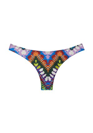 Bikini bottom variopinto con motivo a righe, decorato con disegni floreali in tonalità di blu, viola, arancione e verde.