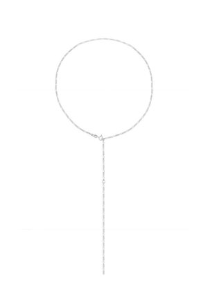 Collier délicat en chaîne d'argent avec un fermoir rond et un pendentif en chaîne longue verticale.