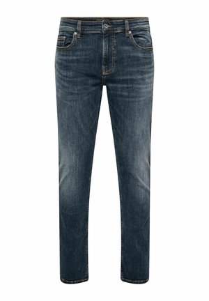 Dunkelblaue Jeans mit geradem Bein, Vordertaschen, Knopfverschluss und subtilen ausgebleichten Details an Oberschenkeln und Knien.