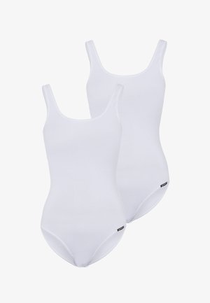 Two plain white sleeveless bodysuits with scoop necklines, displayed on a white background, each featuring a small black tag on the side.