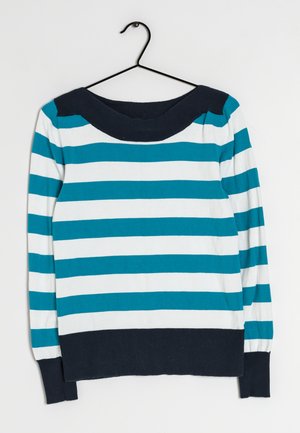 Maglione a righe con strisce orizzontali teal e bianche, scollatura ampia blu navy e polsini e orlo a costine.