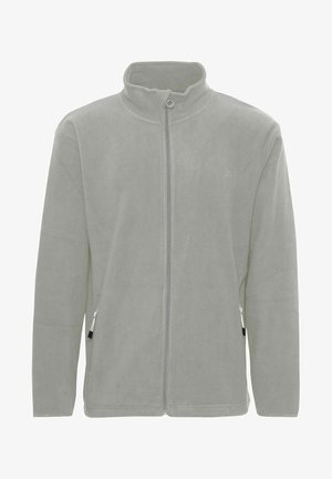 Lysegrå fleecejakke med høj krave, fuld frontlynlås og lynlåslommer i siden. Blød tekstur og minimalistisk design.