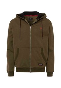 Oliwkowy polar zapinany na zamek z czarnym kapturem od wewnętrznej strony, przednimi kieszeniami oraz czerwonymi akcentami na sznurkach. Posiada małe logo na piersi.