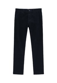 Pantalons en velours côtelé d'un bleu marine foncé avec une coupe droite, des poches avant et une fermeture à bouton discrète. Texture douce et motif uniforme en velours.
