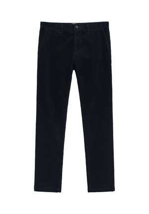 Pantalones de pana azul marino oscuro con corte recto, bolsillos frontales y un cierre de botón discreto. Textura suave y patrón aterciopelado uniforme.