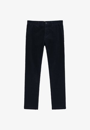 Pantalons en velours côtelé d'un bleu marine foncé avec une coupe droite, des poches avant et une fermeture à bouton discrète. Texture douce et motif uniforme en velours.
