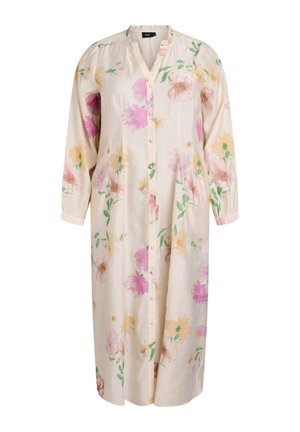 Garas krēmkrāsas ziedu kleita ar rozā, dzelteniem un zaļiem ziedu rakstiem, garām piedurknēm, pogu sēžam priekšpusē un V veida kakla izgriezumu.