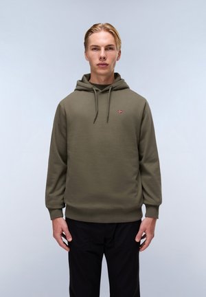 Olive green hoodie featuring a drawstring, ribbed hem, and cuffs, with a small emblem on the chest. Soft fabric, relaxed fit.