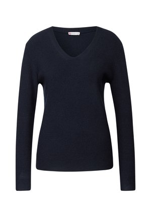 Maglione a maglia blu navy con maniche lunghe e scollo a V. Texture liscia con dettagli a coste lungo il colletto e le maniche.