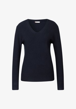 Navyblauer Strickpullover mit langen Ärmeln und V-Ausschnitt. Glatte Textur mit gerippten Details am Kragen und an den Ärmeln.