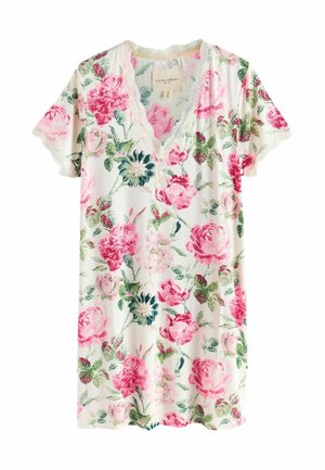 White short-sleeve nightdress with pink, green, and blue floral print, V-neckline, and lace trim around neck and sleeve edges.