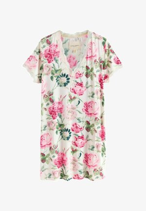 White short-sleeve nightdress with pink, green, and blue floral print, V-neckline, and lace trim around neck and sleeve edges.