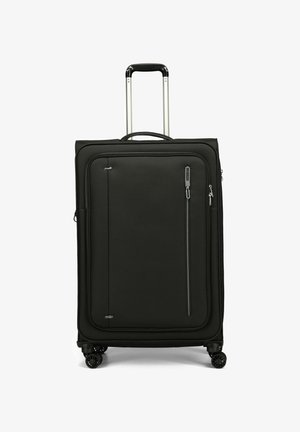 Zwarte koffer van duurzaam stof, voorzien van een telescopische handgreep, twee soepele wielen en een voorkant met een ritsvak voor extra opbergruimte.