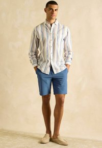 Triibuline nööbiga särg valge, sinise ja roosa värviga; ühendatud ühetooniliste siniste lühikeste pükstega. Mudel kannab beeži libisevaid jalatseid. Taust on neutraalne.