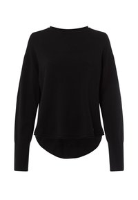 Schwarzer Pullover aus weichem Stoff, mit Rundhalsausschnitt, langen Ärmeln und abgerundetem Saum in lässiger Passform.