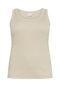 Haut sans manches beige en texture côtelée, agrémenté de strass dispersés sur la poitrine. Tissu lisse avec un col rond.
