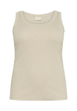 Beige mouwloze top in een geribbelde textuur met verspreide rhinestones op de borst. Glad materiaal met een ronde halslijn.