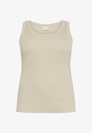 Beige ujj nélküli top, bordázott textúrával, a mellrészen szétszórt strasszokkal. Sima anyag, kerek nyakkivágással.