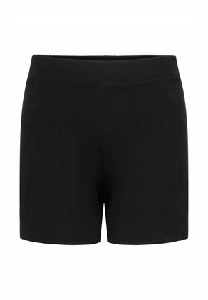 Black knitted shorts with a ribbed texture, featuring a wide elastic waistband and a simple, straight cut. No pockets or embellishments.