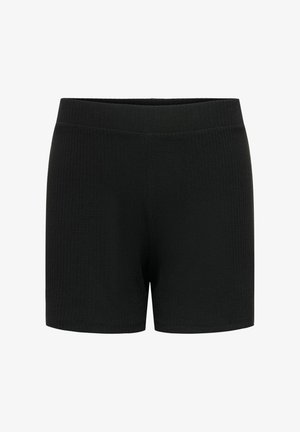 Pantaloni corti neri in maglia con una texture a coste, dotati di una vita elastica ampia e di una silhouette semplice e dritta. Senza tasche né decorazioni.