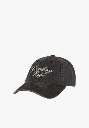 Schwarze Baumwoll-Baseballkappe mit gebogenem Schirm, versehen mit weißem, gesticktem Text "Cowboy Rider" auf der Vorderseite und markanten Nahtdetails.