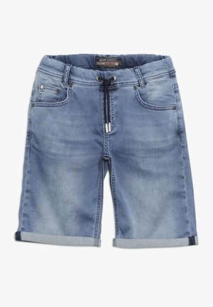 Hellblaue Jeansshorts mit umgeschlagenen Säumen, elastischem Bund, Kordelzug und Fronttaschen.