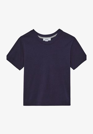Mørk marineblå kortærmet bomulds-T-shirt med rund halsudskæring og synligt hvidt mærke inde i kraven.
