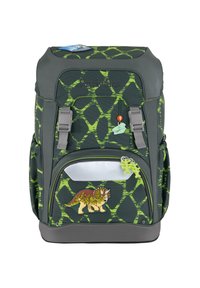 Sac à dos vert à motifs avec une base texturée gris foncé, comportant une poche avant, des clips et des ornements sur le thème des animaux.