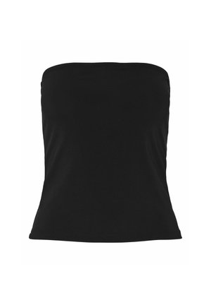 Svart strappless topp laget av glatt stoff, med en tettsittende silhuett og rett nederkant. Ingen synlige mønstre eller maskinvare detaljer.