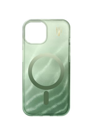 Przezroczyste zielone etui na telefon z okrągłym i liniowym magnetycznym wzorem, wycięciem na aparat oraz złotym napisem „Ideal of Sweden” w prawym górnym rogu.