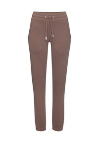 Braune Jogginghosen mit elastischem Bund und Kordelzug. Verfügt über Seitentaschen und schmal geschnittene Beinsäume für einen taillierten Look. Weicher Stoff.