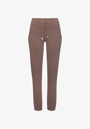 Braune Jogginghosen mit elastischem Bund und Kordelzug. Verfügt über Seitentaschen und schmal geschnittene Beinsäume für einen taillierten Look. Weicher Stoff.