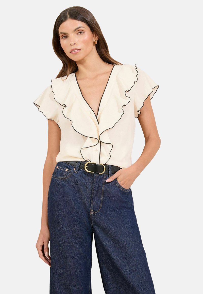 Lipsy REGULAR FIT - TIPPED V-NECK RUFFLE SHORT SLEEVE - Blúz - ivory