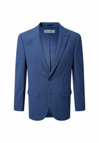 Blauer Blazer aus strukturiertem Stoff, mit einem einzigen Knopfverschluss, Reverskragen und zwei Fronttaschen. Keine sichtbaren Muster.