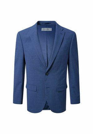 Blauer Blazer aus strukturiertem Stoff, mit einem einzigen Knopfverschluss, Reverskragen und zwei Fronttaschen. Keine sichtbaren Muster.