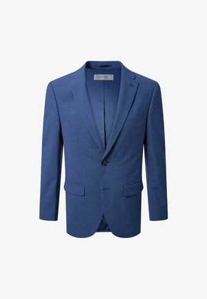 Blauwe blazer van textuurstof, met een enkele knoopsluiting, notch revers en twee voorzakken. Geen zichtbare patronen.