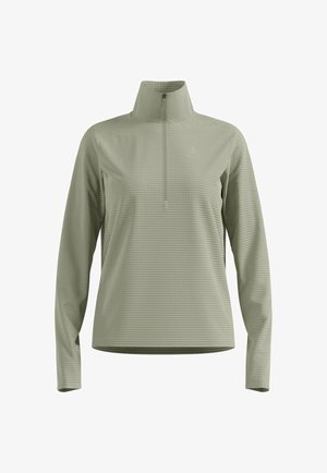 Hellgrüner Pullover mit langen Ärmeln und halben Reißverschluss am Kragen. Strukturierter Stoff mit einem dezenten Rippenmuster. Einfaches Design, keine sichtbaren Logos.