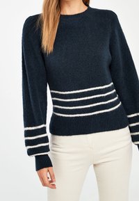 Pull en maille bleu marine avec des rayures blanches horizontales à la taille et aux manches. Présente un col rond et des poignets côtelés. Texture douce.